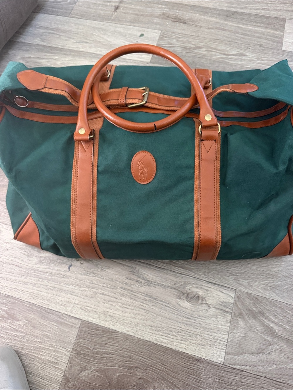 Ralph Lauren Green Canvas Duffel Bag with Brown Leather Trim